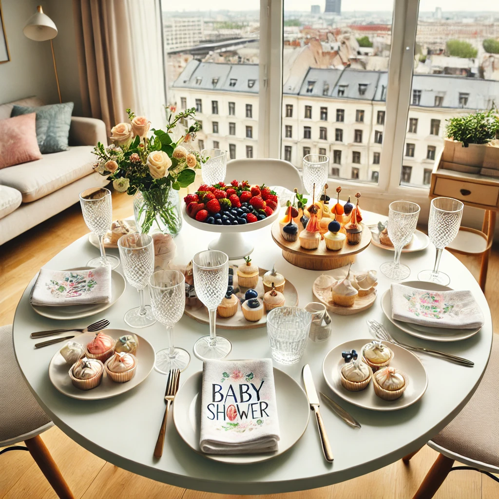 DALL·E 2025-02-20 13.18.57 - A cozy and homey baby shower table setting in a Ljubljana apartment with a modern white dining table. The table is s